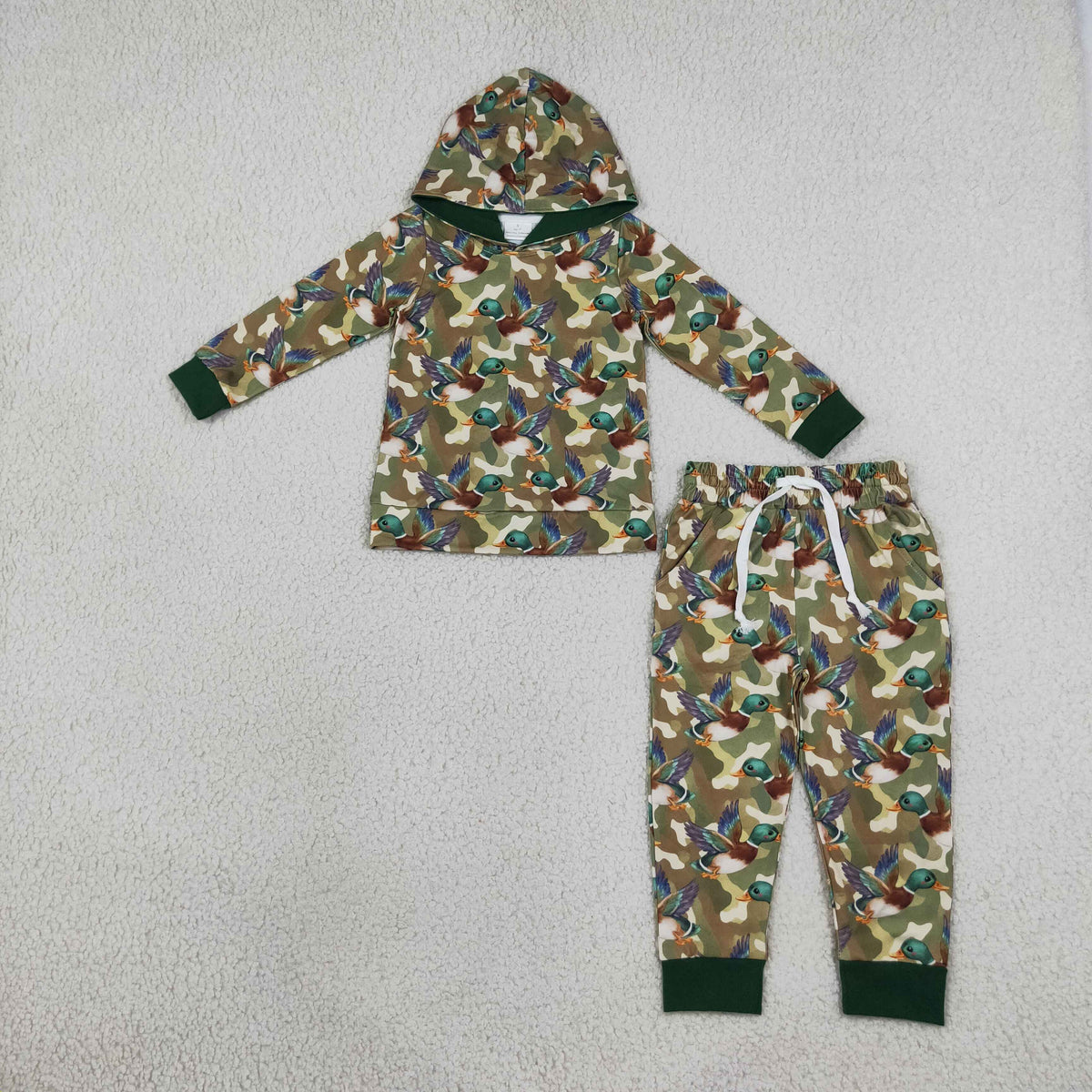 Sibling Baby Boys Green Camo Ducks Hoodie Jogger Hunting Sets Zip Romper Blanked