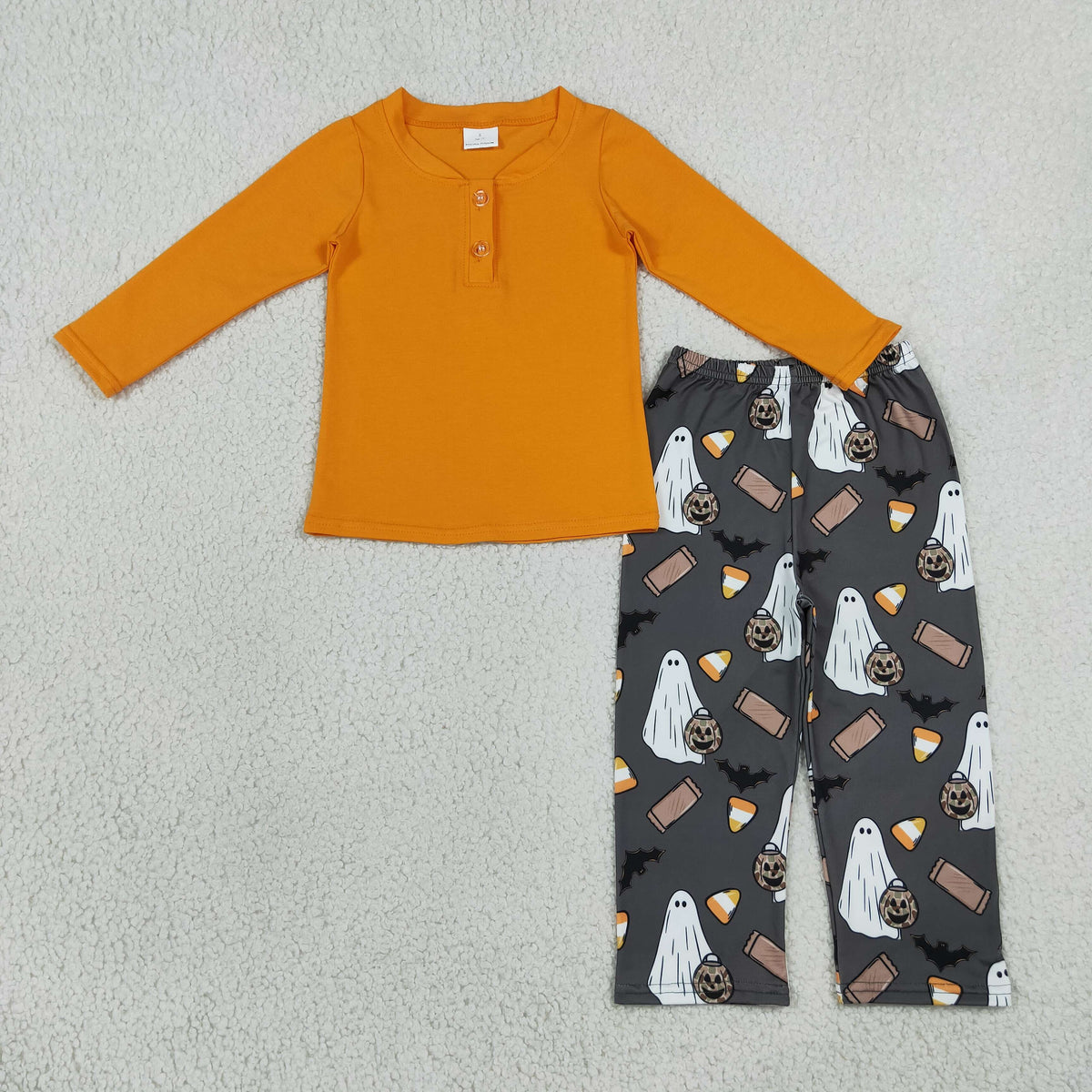 BLP1546 Baby Boys Orange Button Shirt Top Bats Ghosts Pant Halloween Clothes Set