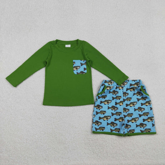 BLS0010 Baby Boys Green Long Sleeve Fishing Plaid Top Pockets Shorts Hunting Clothes Sets