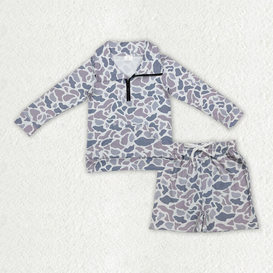BLS0026 Baby Boys Southern Grey Camo Zipper Pockets Pullovers Top Shorts Clothes Sets
