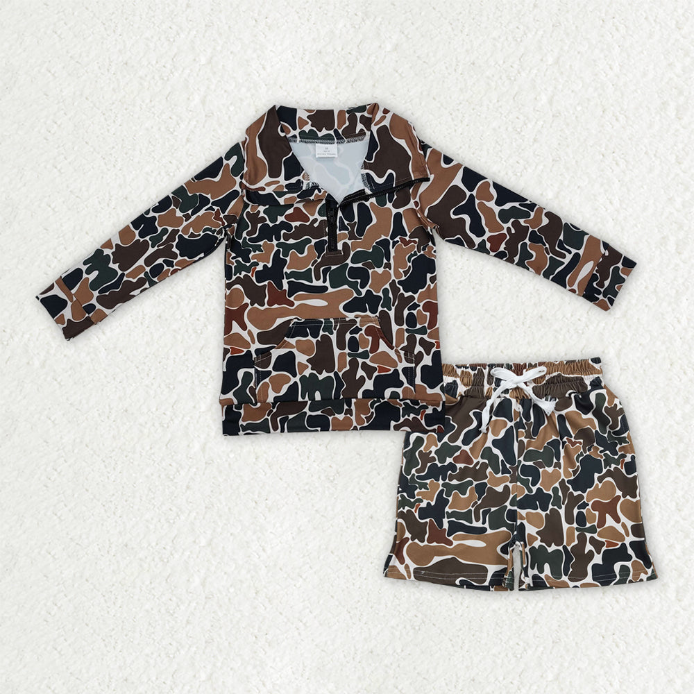 BLS0027 Baby Boys Southern Dark Brown Camo Zipper Pockets Pullovers Top Shorts Clothes Sets