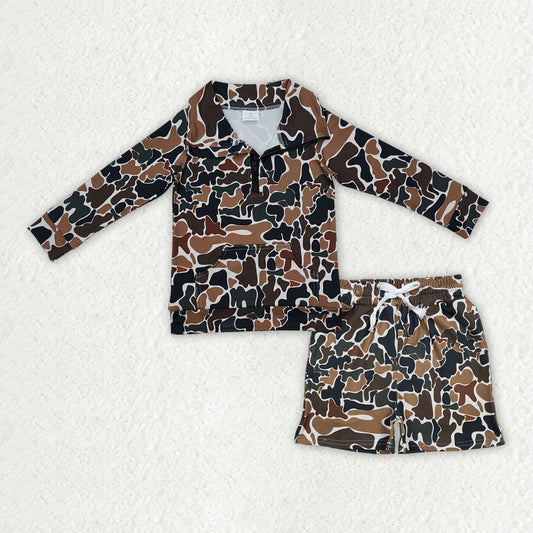 BLS0027 Baby Boys Southern Dark Brown Camo Zipper Pockets Pullovers Top Shorts Clothes Sets
