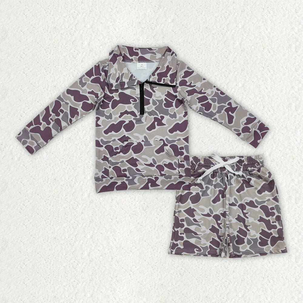 BLS0028 Baby Boys Southern Dark Brown Camo Zipper Pockets Pullovers Top Shorts Clothes Sets