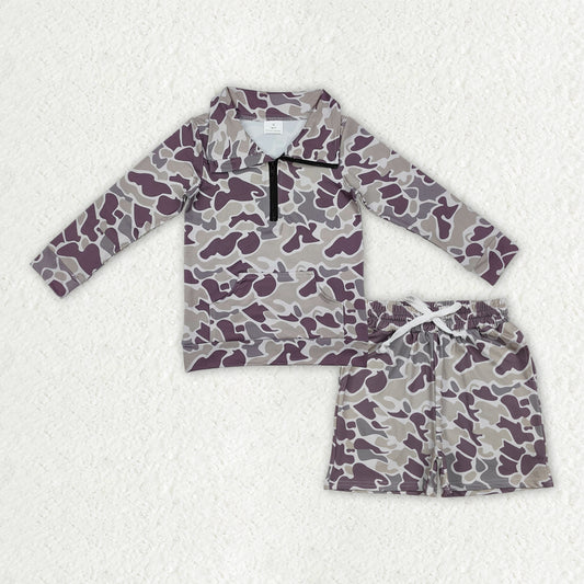 BLS0028 Baby Boys Southern Dark Brown Camo Zipper Pockets Pullovers Top Shorts Clothes Sets