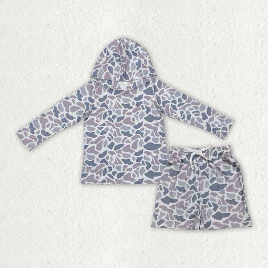 BLS0032 Baby Boys Light Grey Camo Hoodies Top Pockets Shorts Clothes Sets