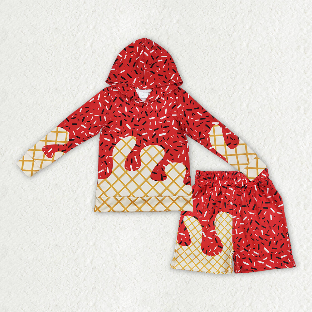 BLS0036 Baby Boys Red Sprinkles Drip Hoodies Top Pockets Shorts Team Clothes Set
