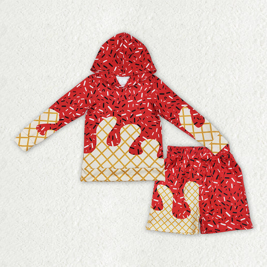 BLS0036 Baby Boys Red Sprinkles Drip Hoodies Top Pockets Shorts Team Clothes Set