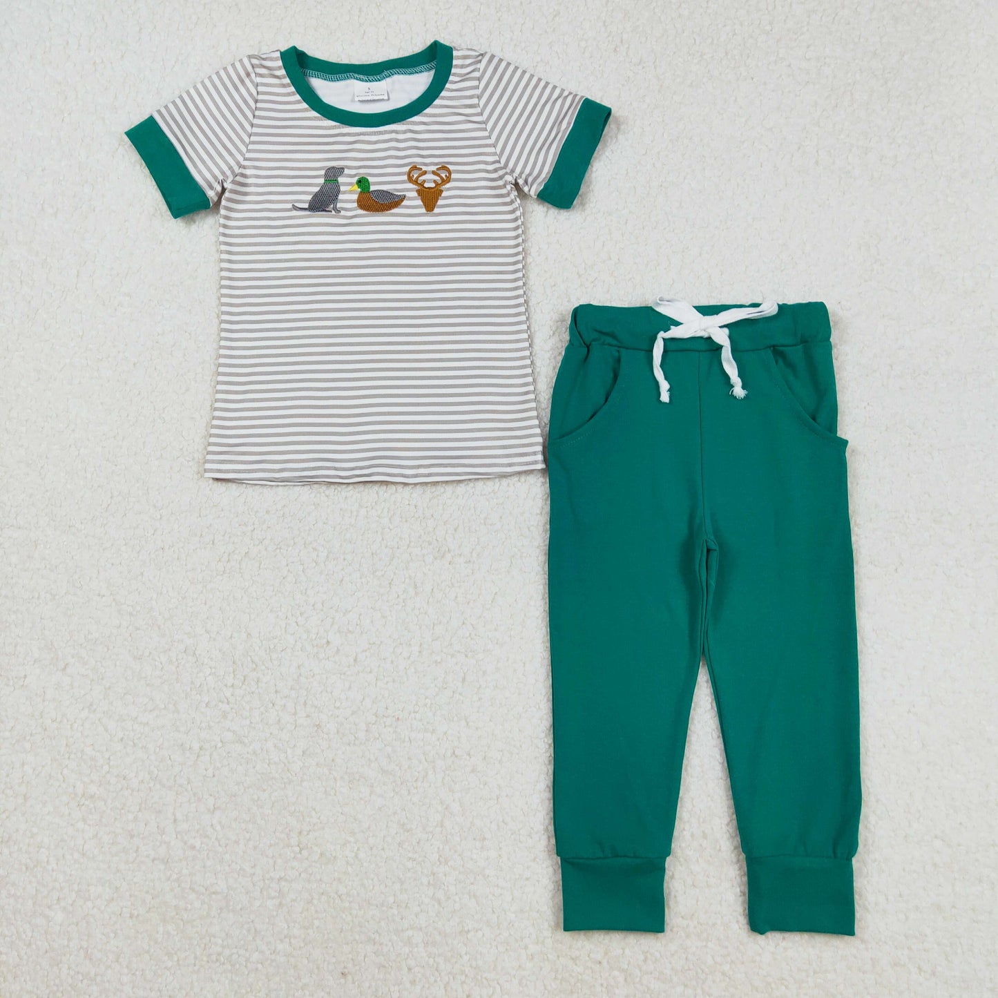 Sibling Baby Boys Embroidery Deer Dog Ducks Stripe Top Pockets Pants Hunting Clothes Sets Pant Rompers