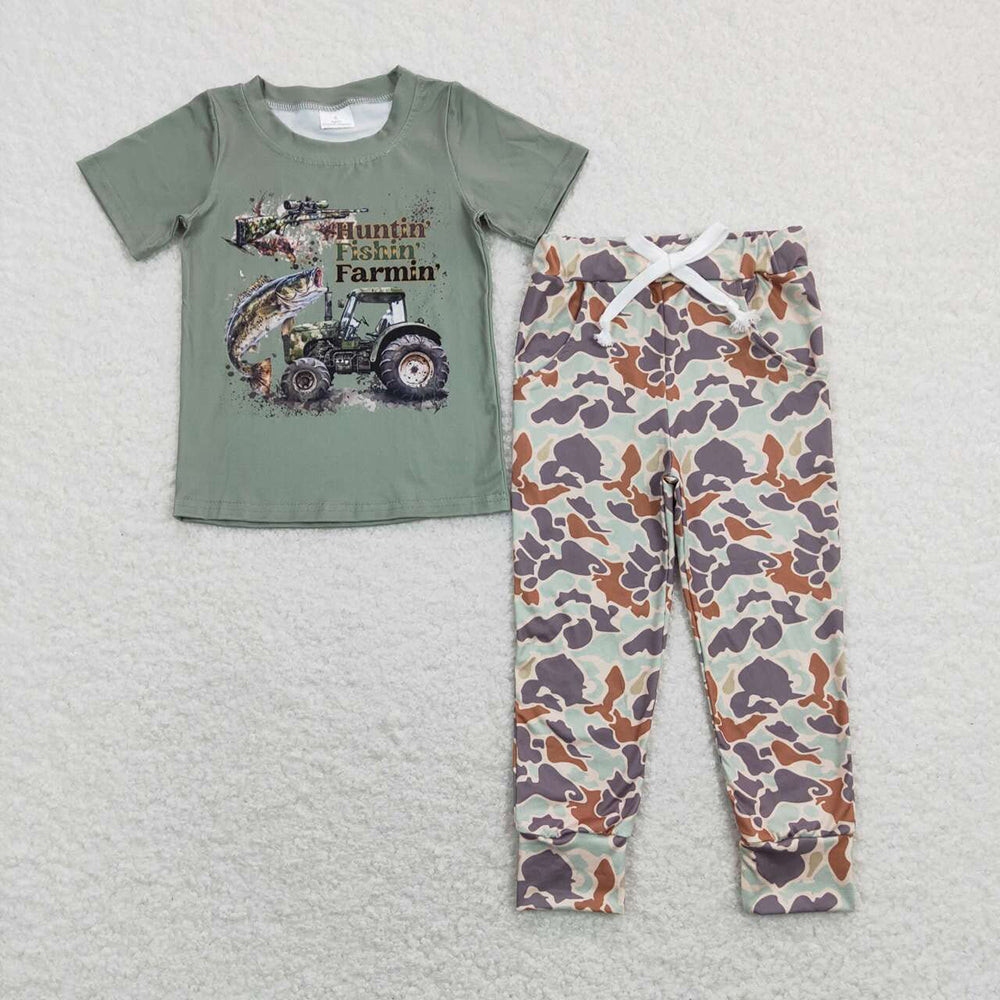 boys hunting fishin farmin tee shirts green camouflage jogger pants clothing suits BSPO0339