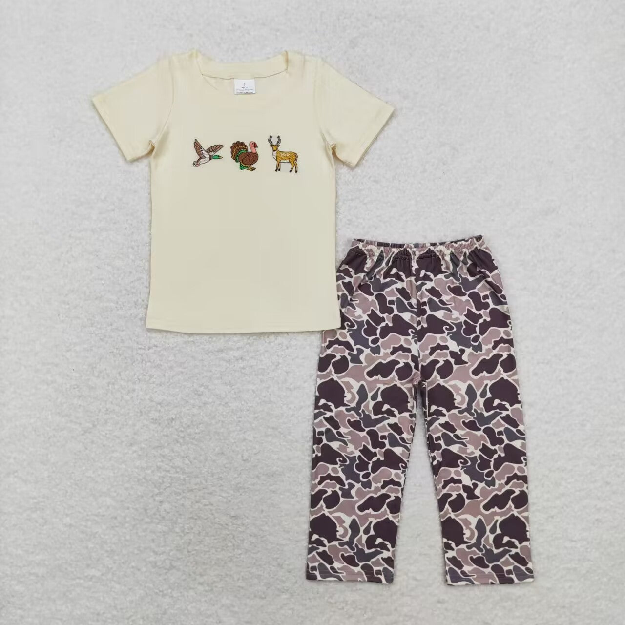 Sibling Baby Boys Short Sleeve Embroidery Ducks Top Camo Pants Hunting Clothes Sets