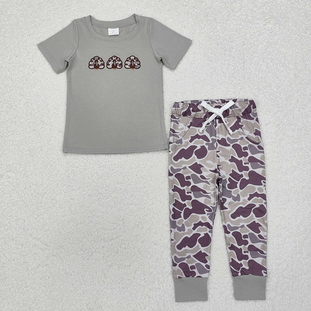 Sibling Baby Boys Girls Embroidery Turkey Pie Short Sleeves Pants Thanksgiving Clothes Sets