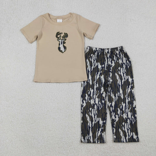 BSPO0582 Baby Boys Embroidery Olive Camo Deer Top Flare Pants Hunting Clothes Sets