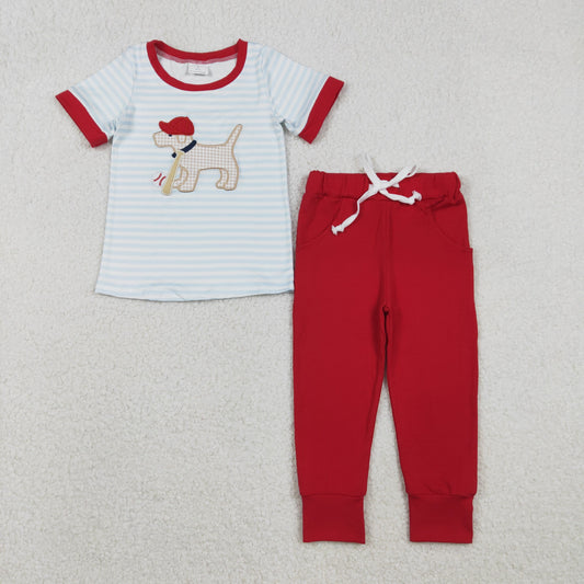 BSPO0613 Baby Boys Embroidery Dog Baseballs Stripe Top Pockets Pants Team Clothes Sets