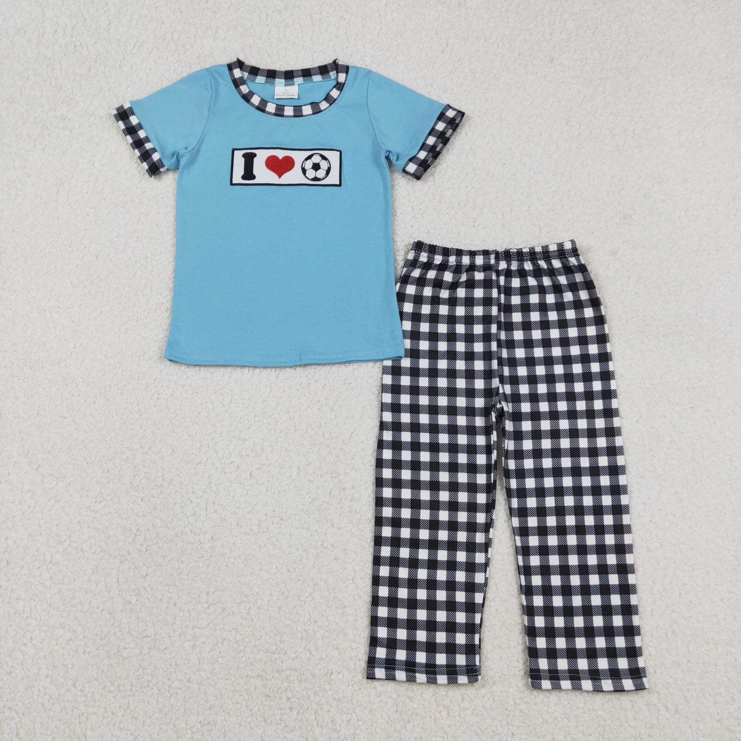 BSPO0622 Baby Boys Embroidery I Love Footballs Top Checked Pants Team Clothes Sets