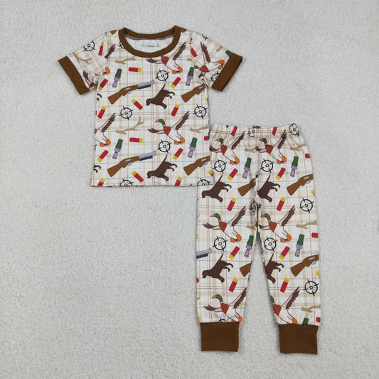 BSPO0634 Baby Boys Dogs Ducks Checked Top Pants Hunting Pajamas Set