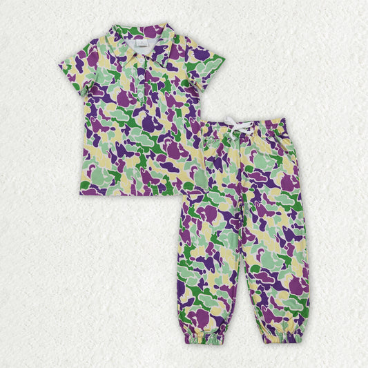 BSPO0659 Baby Boys Mardigras Camo Button Polo Shirt Pockets Jogger Pants Clothes Sets