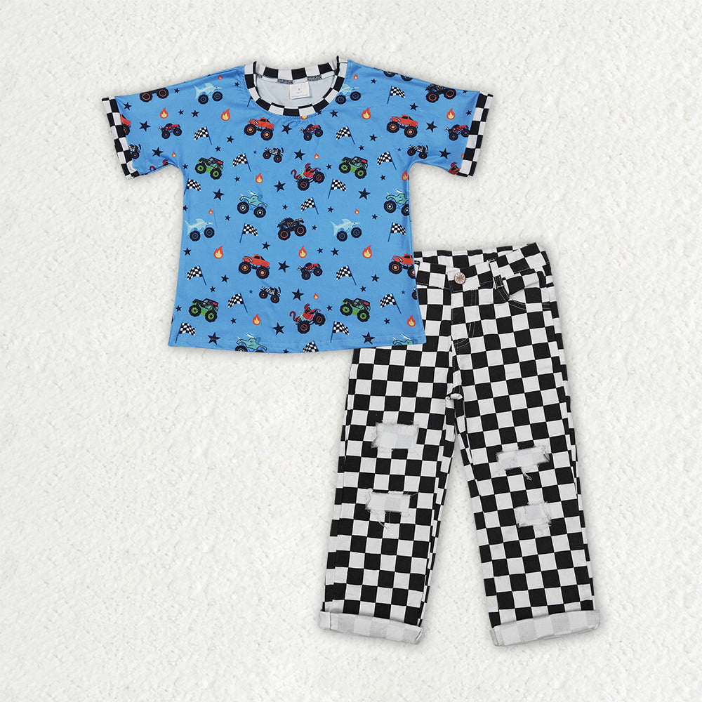 BSPO0687 Baby Boys Motors Flags Top Black Checked Denim Pants Clothes Sets