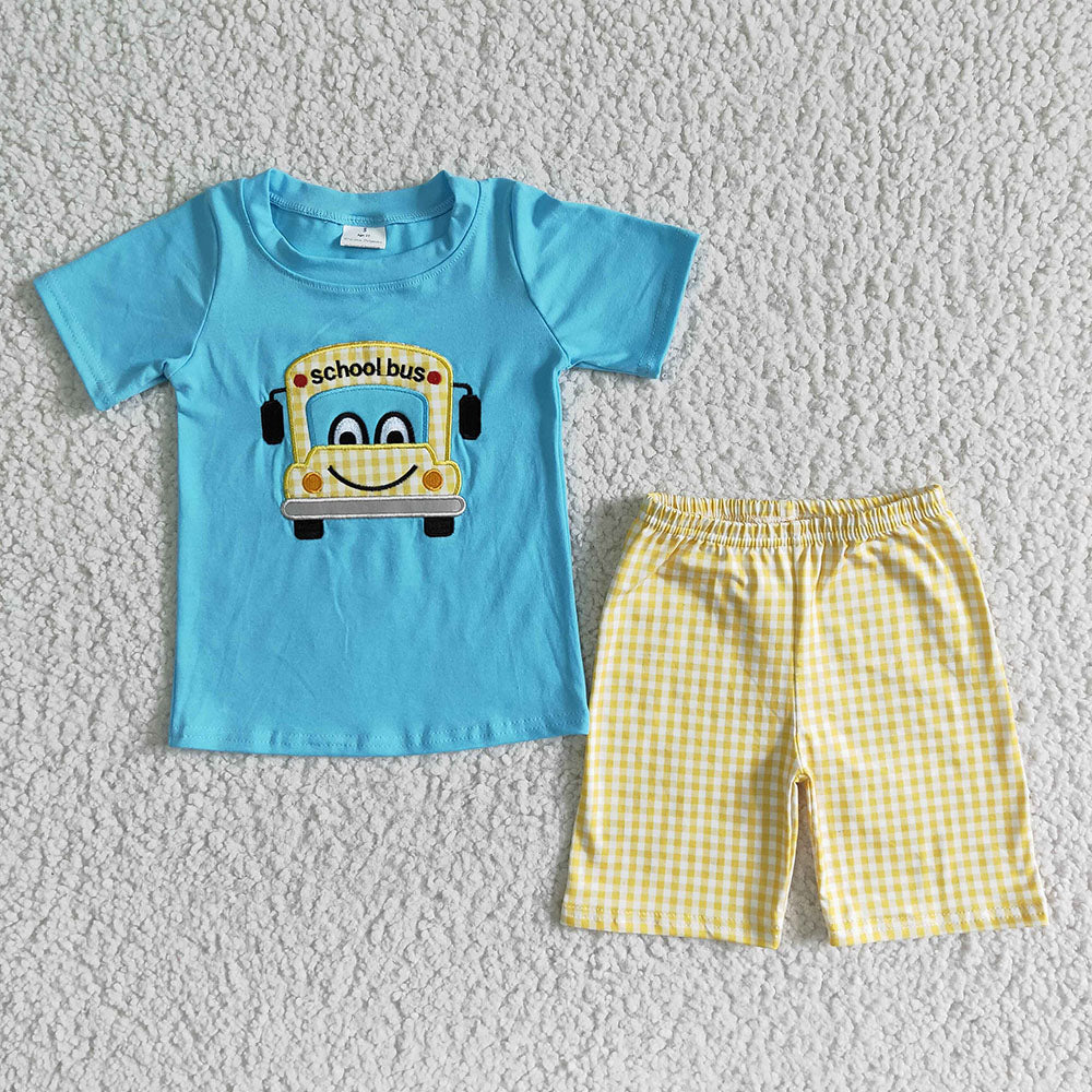 BSSO0055 baby boy clothes embroidery  back to school bus toddler summer outfits