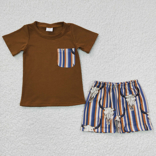 boys brown pocket t-shirts+ stripes cow shorts sets BSSO0149
