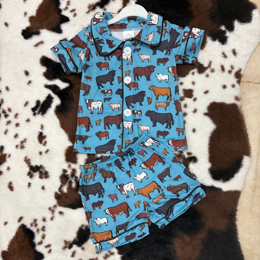 cow printed western summer button ups shorts pajamas sets BSSO0276