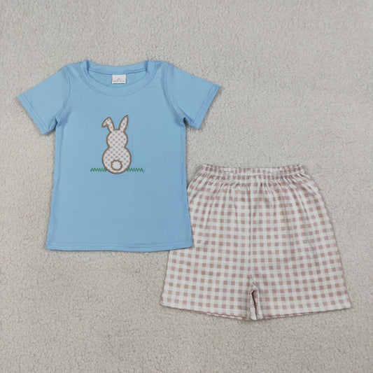 BSSO0305 Baby Boys Embroidery Rabbit Top Checked Short Easter Clothes Sets