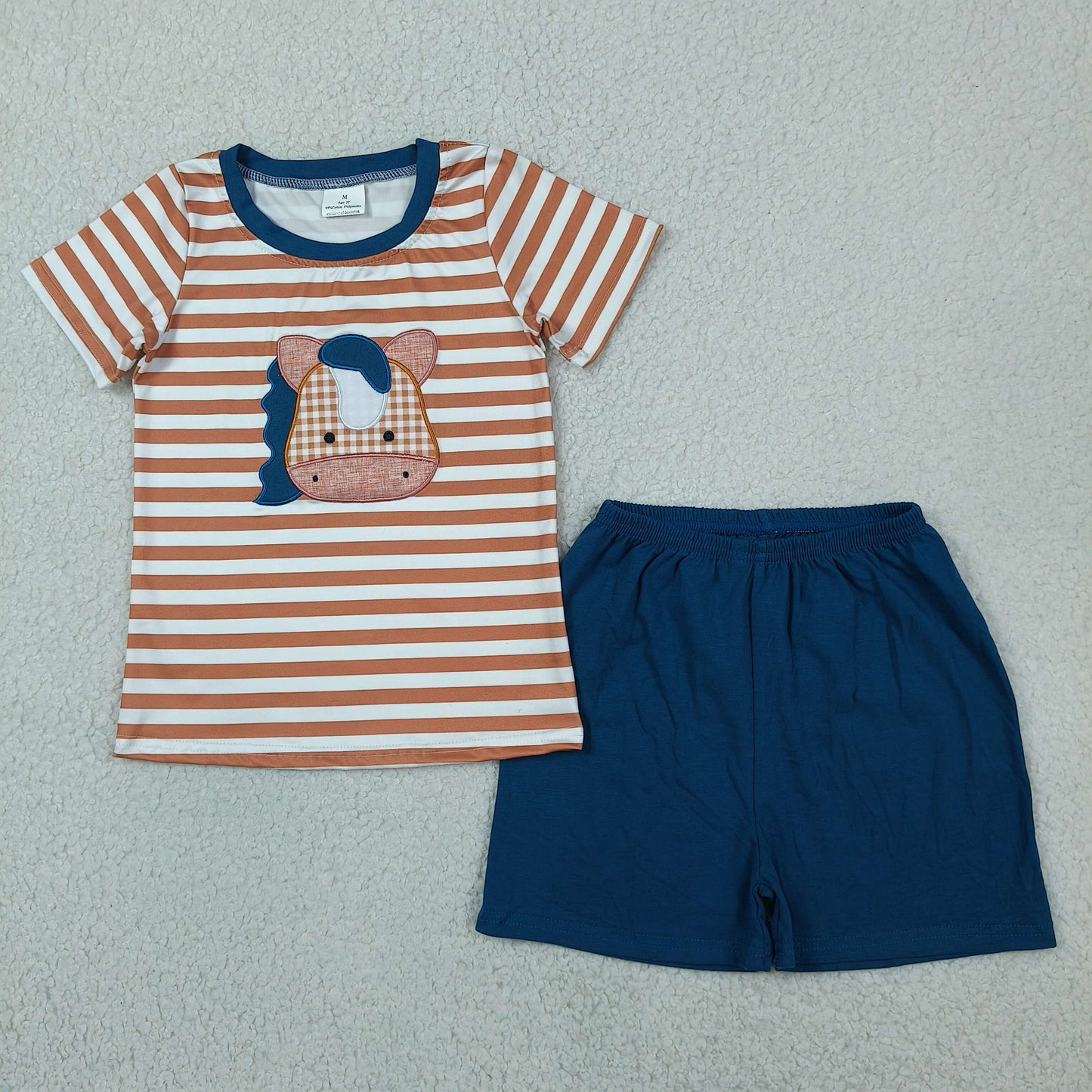 BSSO0380 Baby Boys Red Stripe Embroidery Horses Top Short Farm Clothes Set