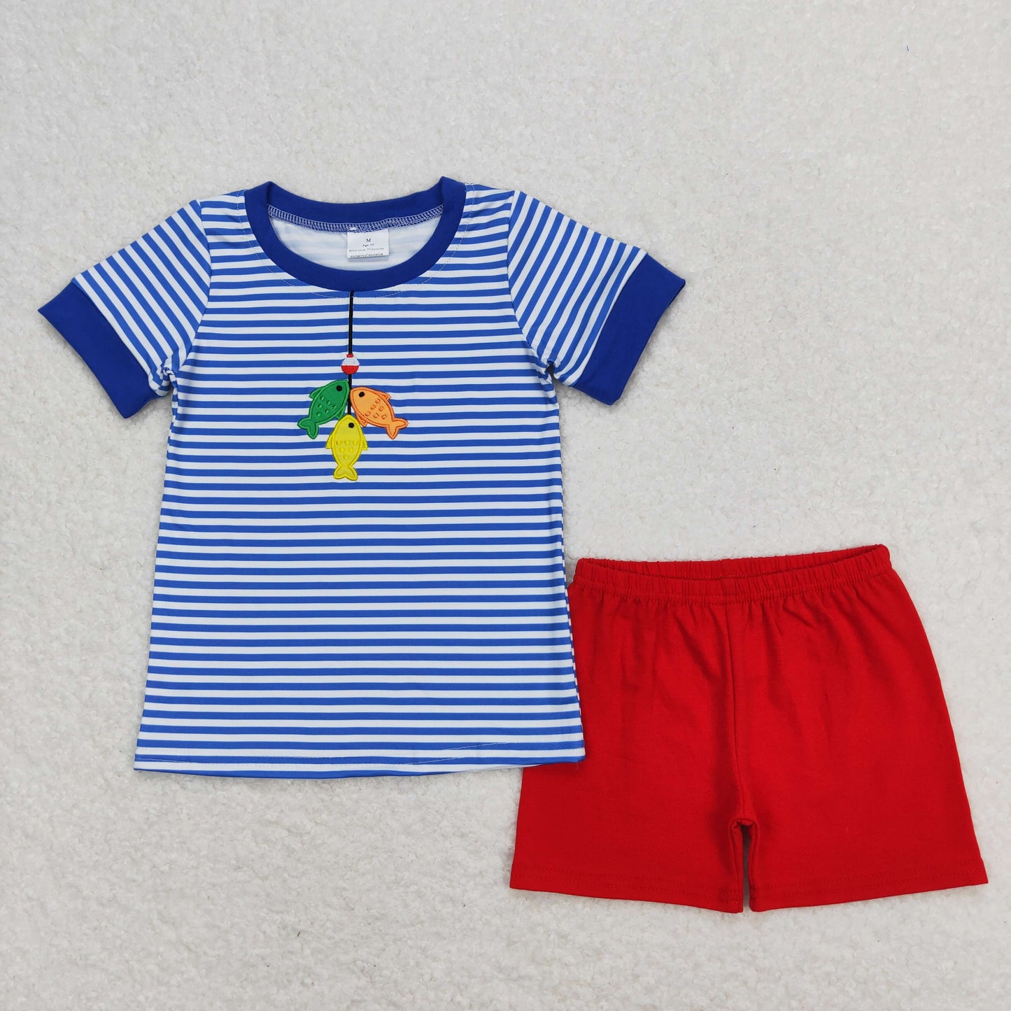 Sibling Brother Baby Boys Embroidery Fishing Blue Stripes Summer Clothes Sets Rompers