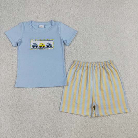 BSSO0617 Baby Boys Short Sleeve Embroidery Cars Top Stripe Short Clothes Set