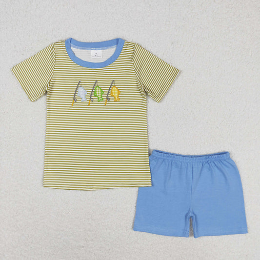 BSSO0732 baby boy clothes green stripes fishing summer outfits