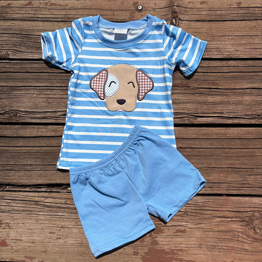 boys blue stripes Dog embroidery t-shirts+shorts sets BSSO0746
