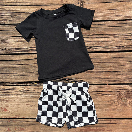 boys black pocket t-shirts+checkered pockets shorts sets BSSO0852