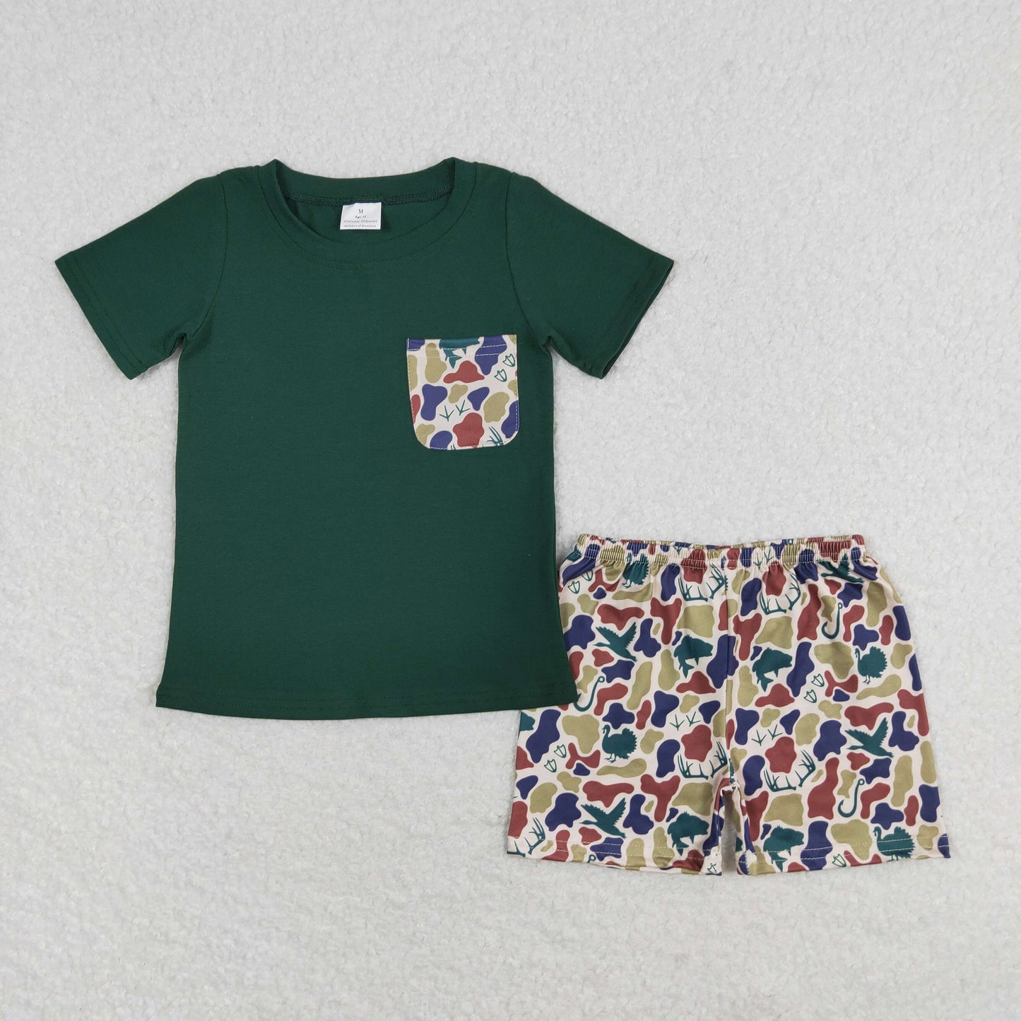 BSSO0923 baby boy green pocket top deer hunting shorts sets