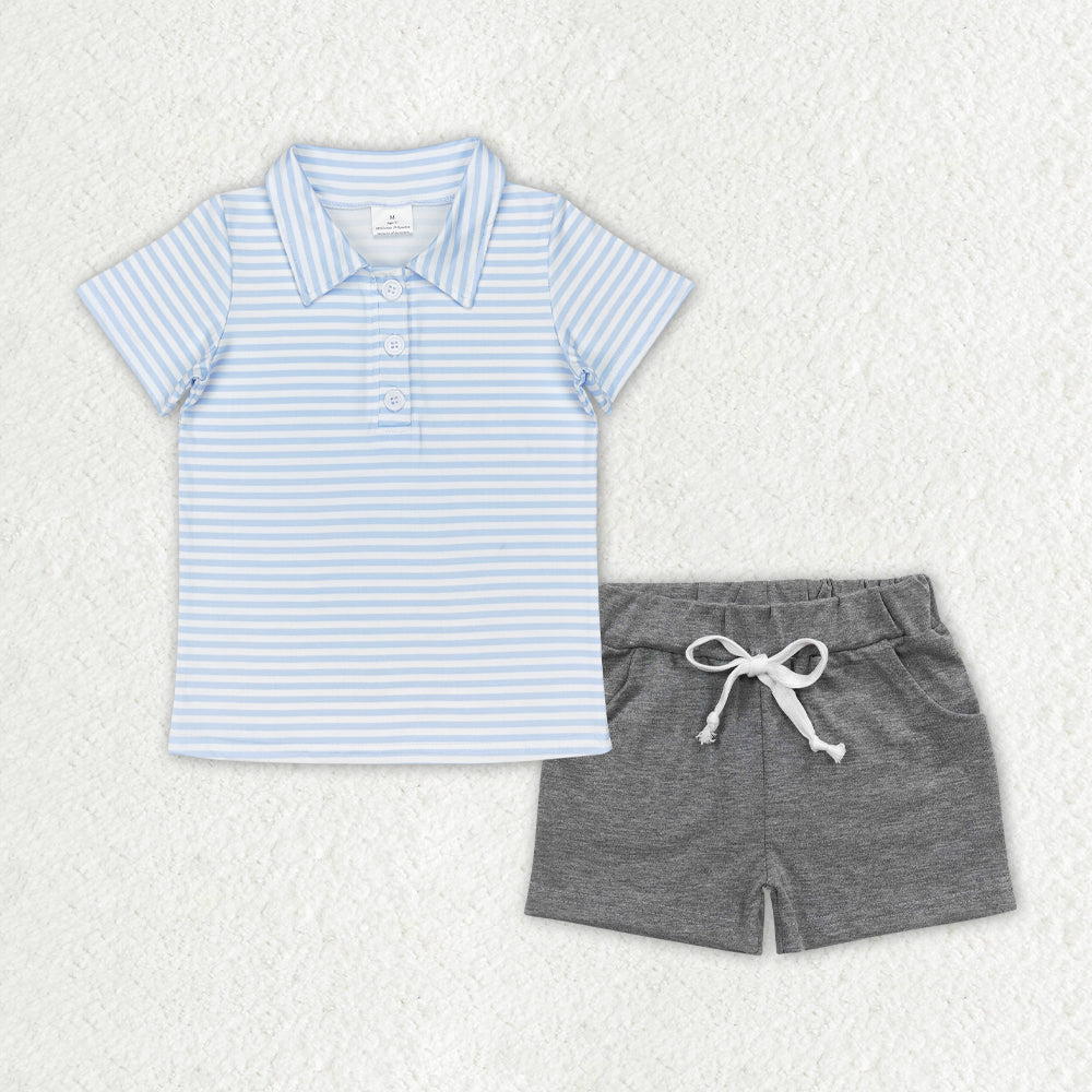 Sibling Baby Boys Stripe Plaid Pocket Button Polo Shirts Pockets Short Clothes Set