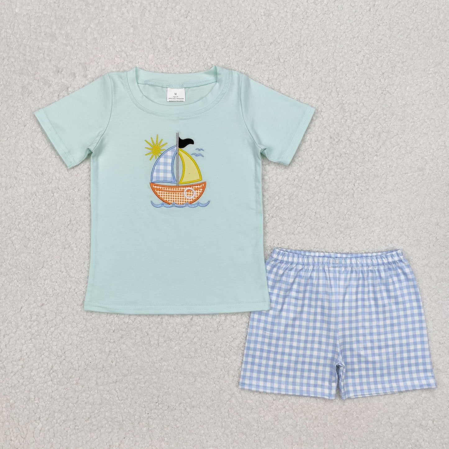 Sibling Baby Boys Short Sleeve Embroidery Boats Top Stripe Checked Shorts Clothes Sets