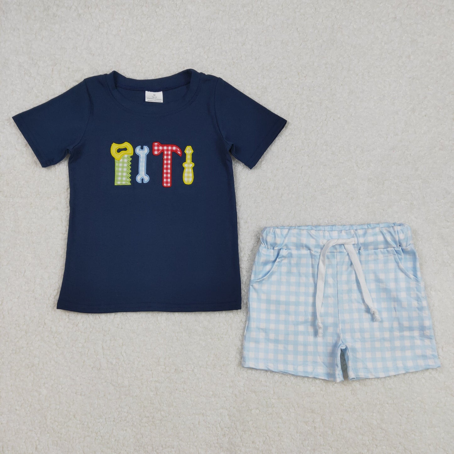 Sibling Baby Boys Embroidery Tools Cars Excavators Top Pockets Shorts Clothes Sets