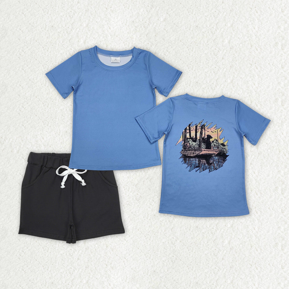 Sibling Baby Boys Short Sleeve Back Ducks Dogs Fishing Top Pockets Shorts Hunting Clothes Sets