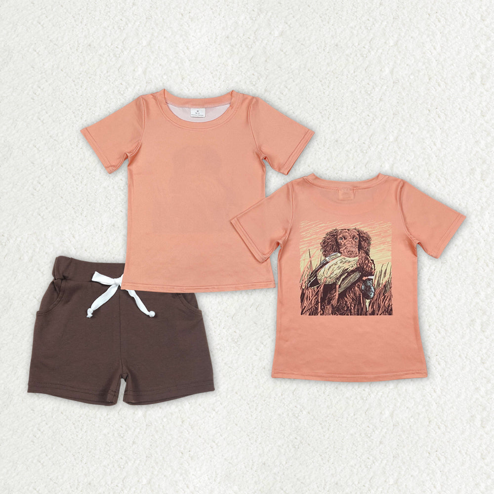 Sibling Baby Boys Short Sleeve Back Ducks Dogs Fishing Top Pockets Shorts Hunting Clothes Sets