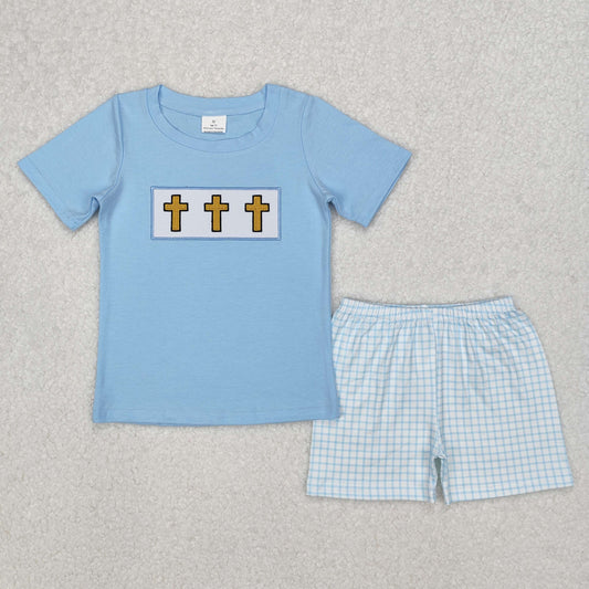 BSSO1234   baby boy clothes embroidery cross toddler boy easter summer outfit