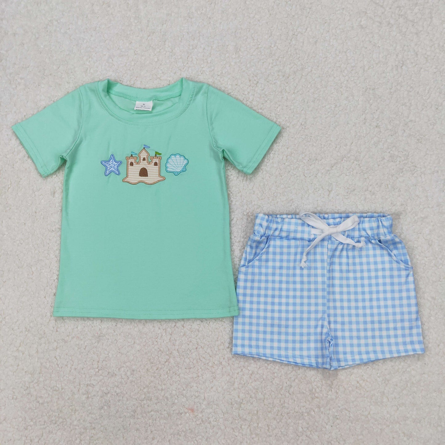 Sibling Baby Boys Short Sleeve Embroidery Beach Castles Top Shorts Clothes Sets