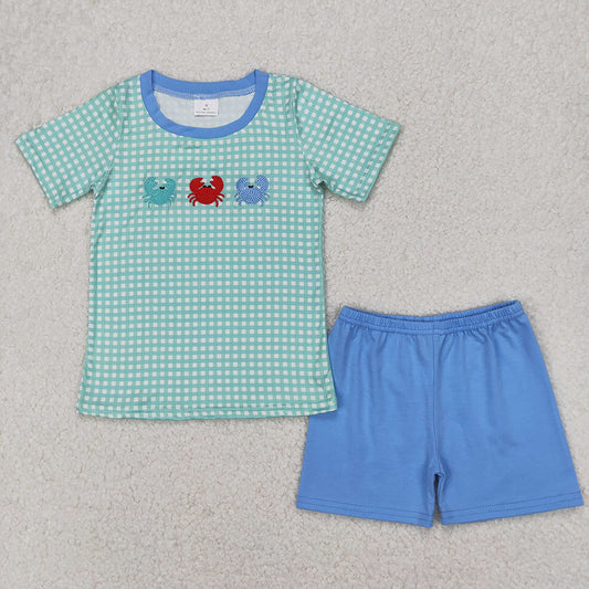BSSO1279  baby boy checkered crabs embroidery shirt summer outfits