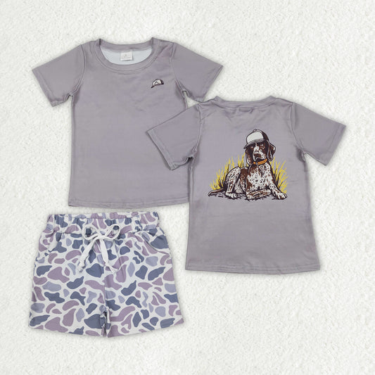 BSSO1336 baby boys dog hunting top grey camouflage summer outfits sets