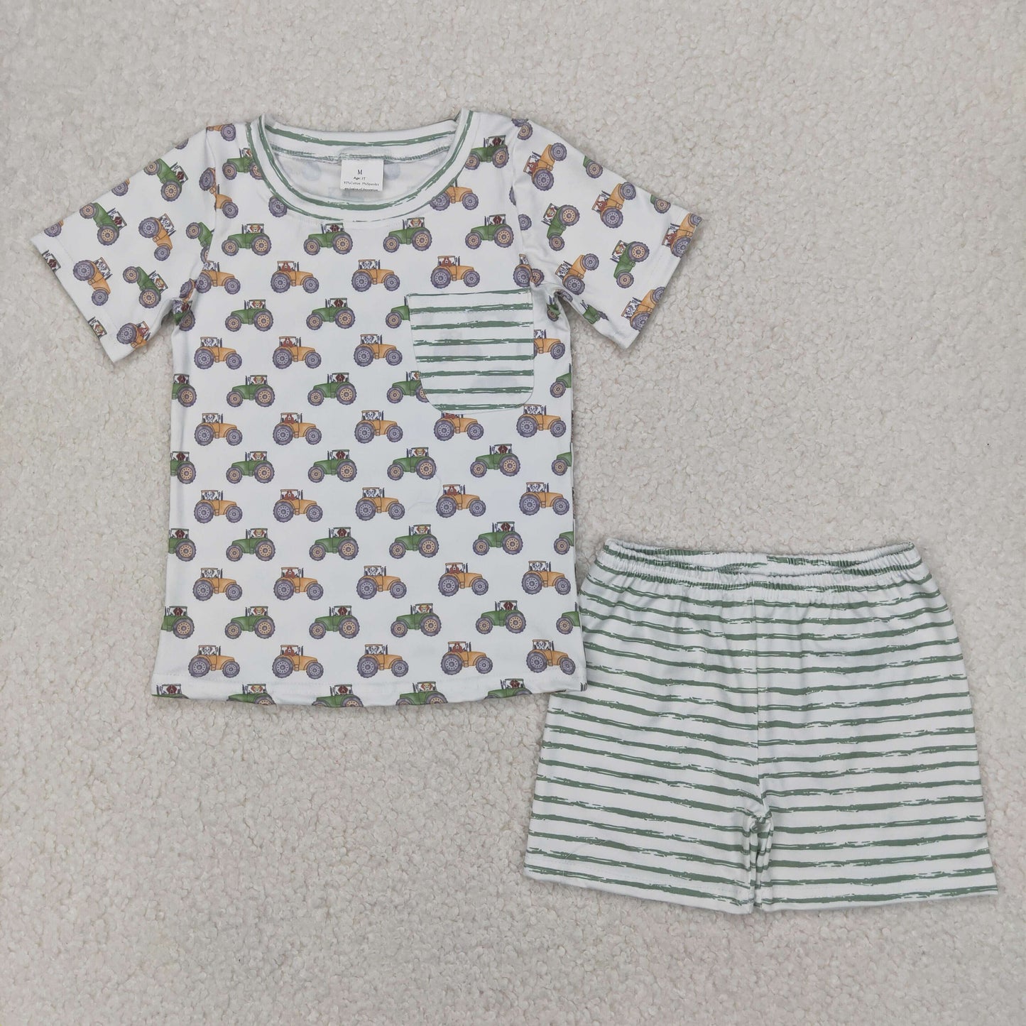 Sibling Baby Boys Trucks Stripe Pocket Top Short Farm Clothes Set Short Rompers