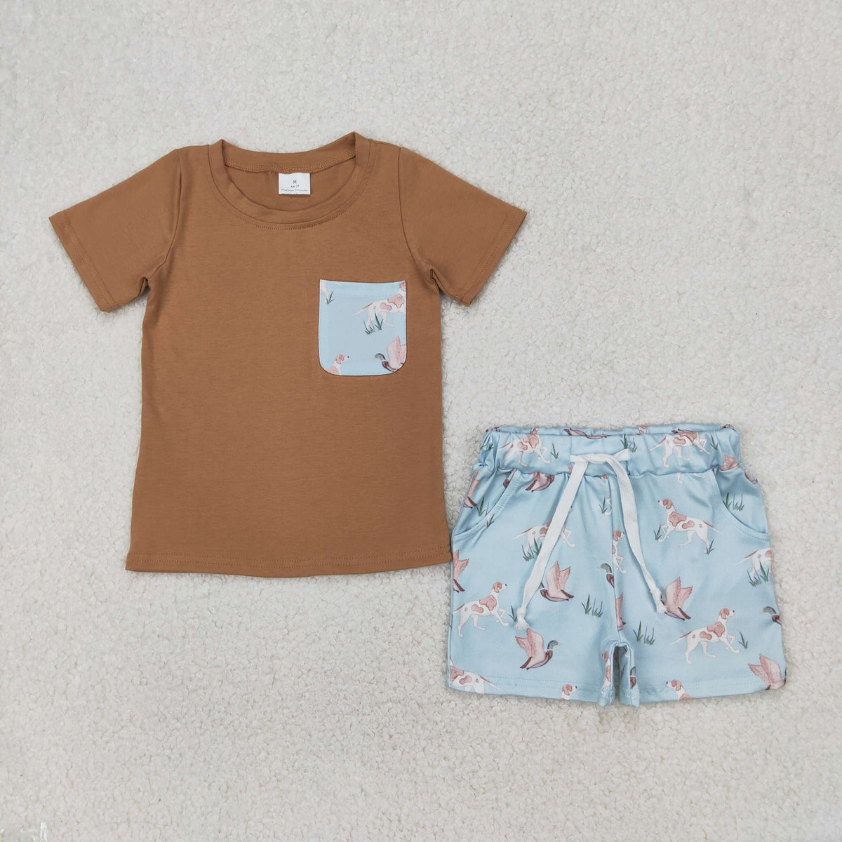 Sibling Baby Boys Short Sleeve Ducks Dogs Pocket Top Pockets Short Hunting Clothes Sets