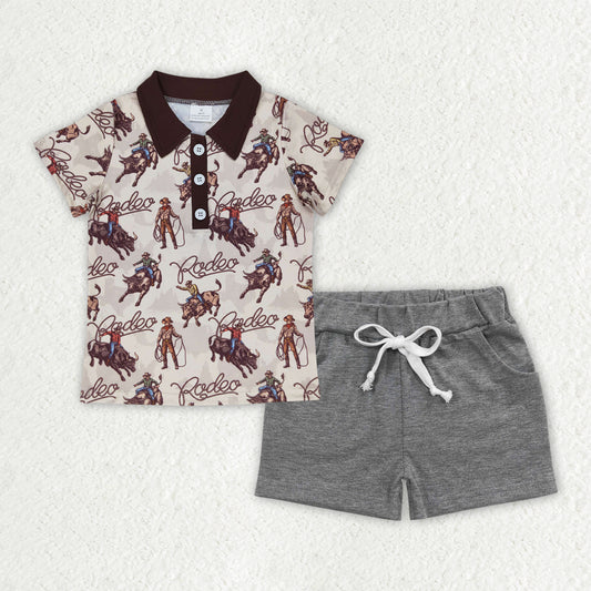 boys rodeo horse pullover t-shirts+grey shorts sets BSSO1466