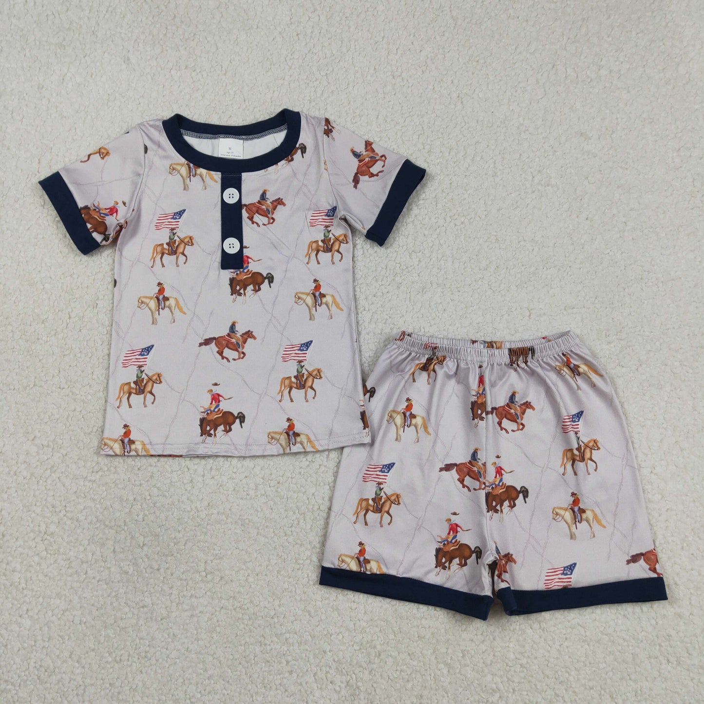 BSSO1497 Baby Boys Flags Horse Rodeos Button Top Shorts 4th of July Pajamas Sets