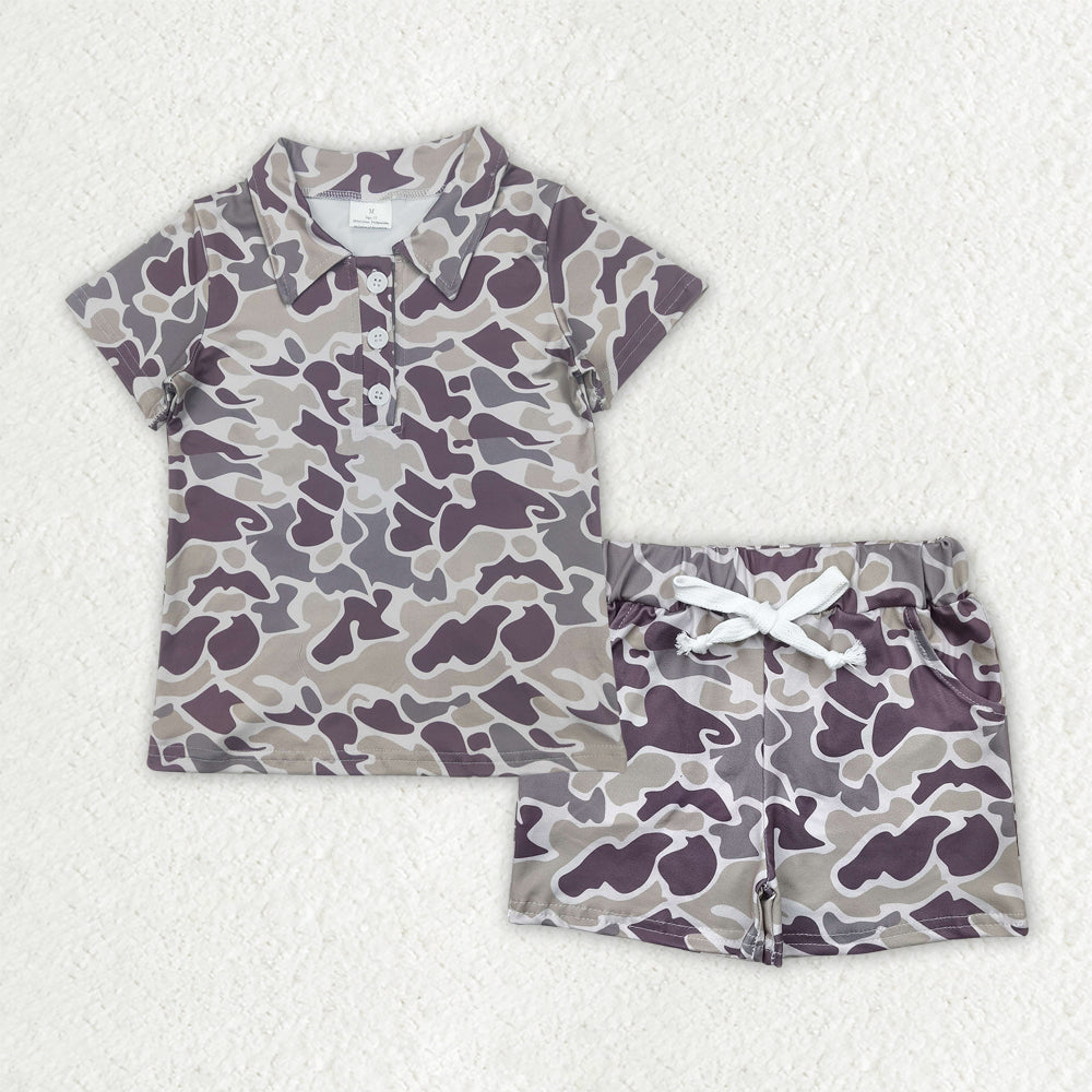 Sibling Baby Boys Camo Print Button Polo Shirts Pockets Short Western Set
