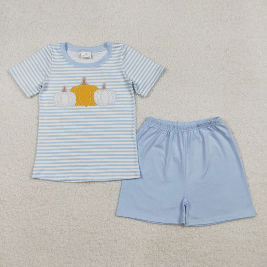 BSSO1548 Baby Boys Blue Stripe Pumpkins Top Shorts Fall Clothes Sets