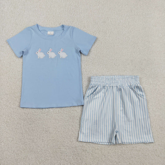 BSSO1560 Baby Boys Embroidery Rabbits Top Stripe Pockets Short Easter Clothes Sets