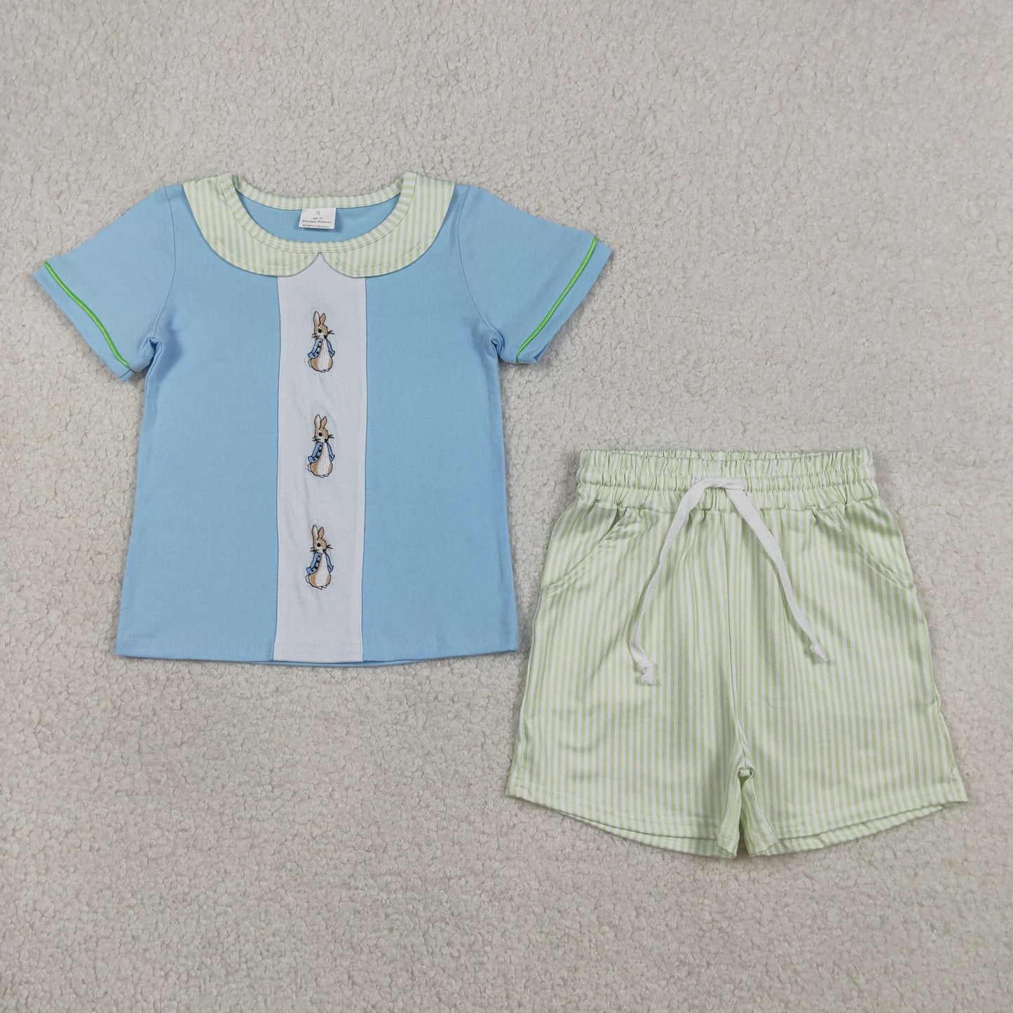 BSSO1564 Baby Boys Embroidery Rabbits Collar Top Stripe Pockets Short Easter Clothes Set