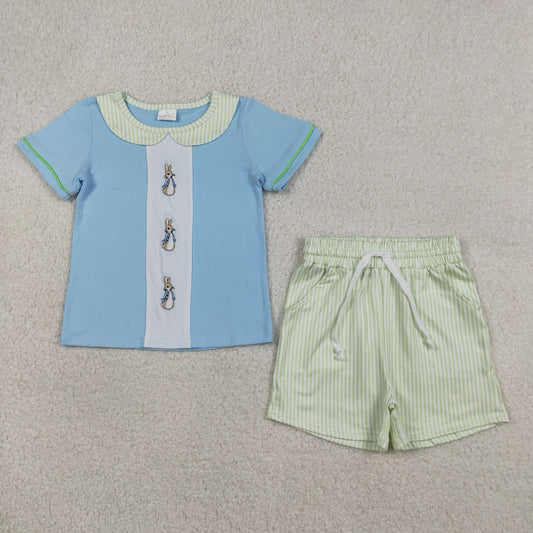 BSSO1564 Baby Boys Embroidery Rabbits Collar Top Stripe Pockets Short Easter Clothes Set